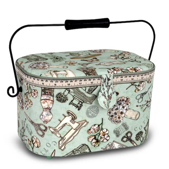 Dritz&#xAE; Green Sewing Print Small Oval Sewing Basket With Metal Handle